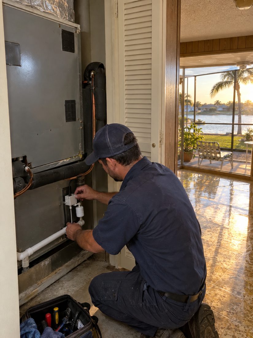 An air handler in a utility closet with a new float switch inside a 1970s ranch house with a screened lanai in Lake Worth, FL